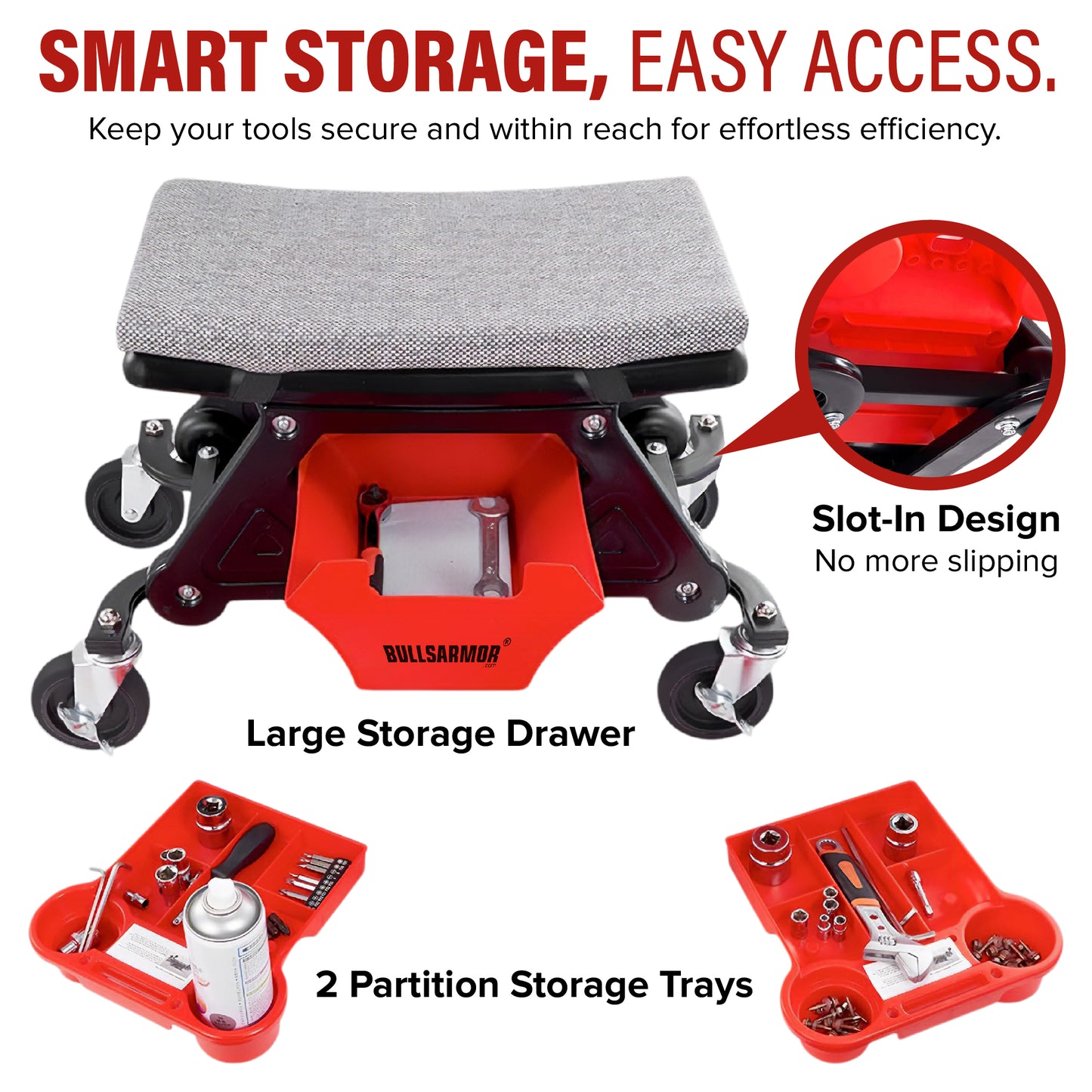 Tool storage stool with large storage drawer, partition trays, and slot-in design feature.