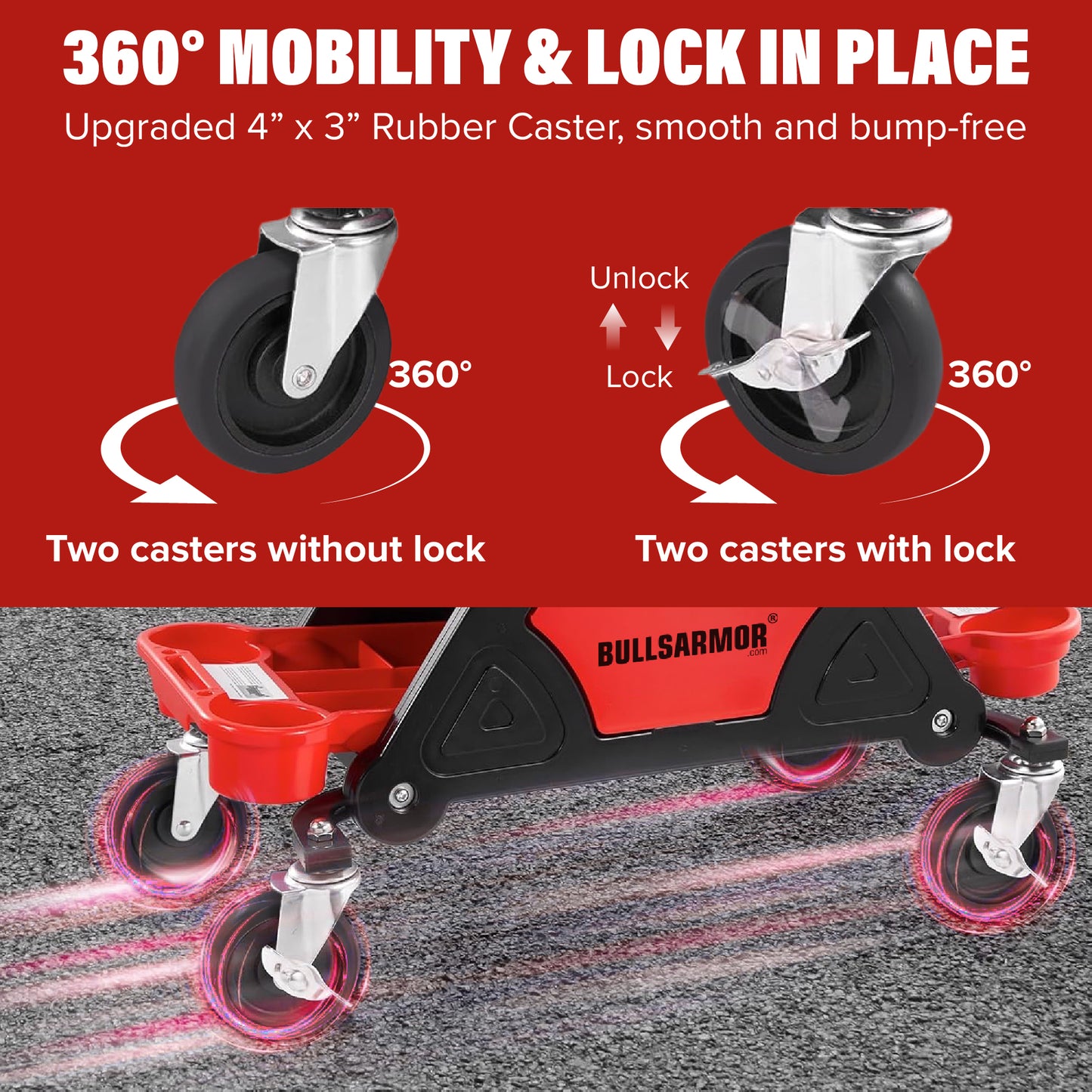 Bullsh Armor mobility device with 360-degree caster wheels on a red background