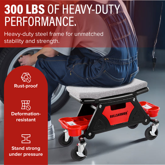 Person using a red and black hydraulic jack with text highlighting its features.