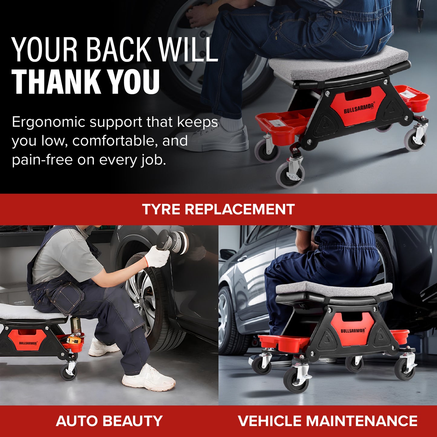 Ergonomic kneeling chair with text highlighting its benefits for tire replacement, auto beauty, and vehicle maintenance.