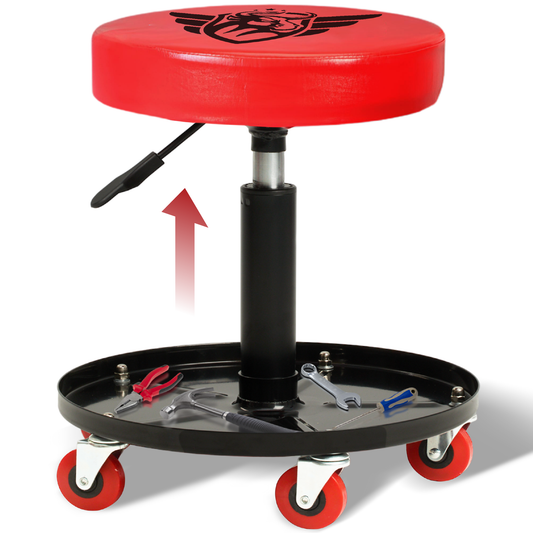 Red adjustable stool with tool tray on a white background