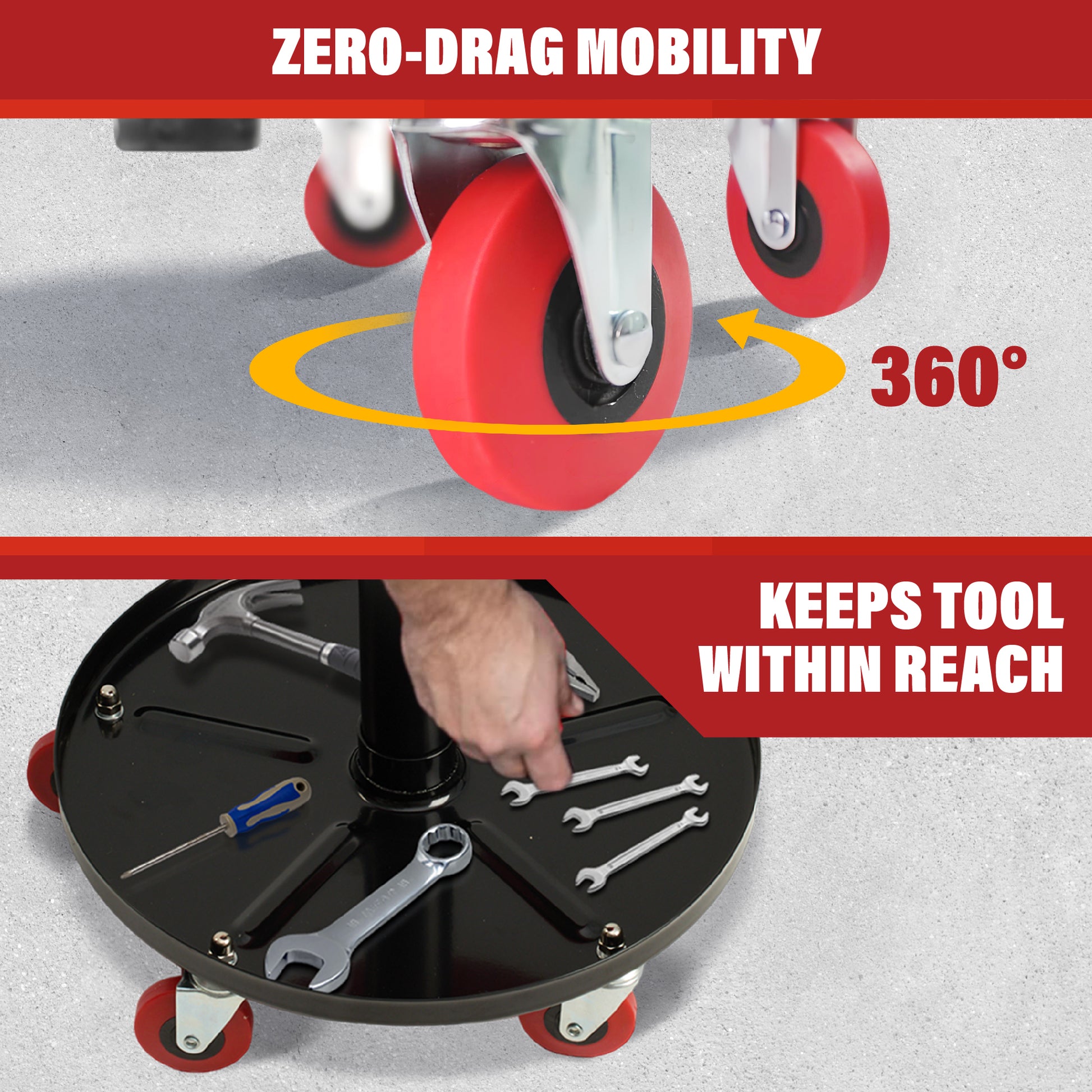 Tool cart with red wheels and tool compartments, emphasizing zero-drag mobility and 360-degree rotation.