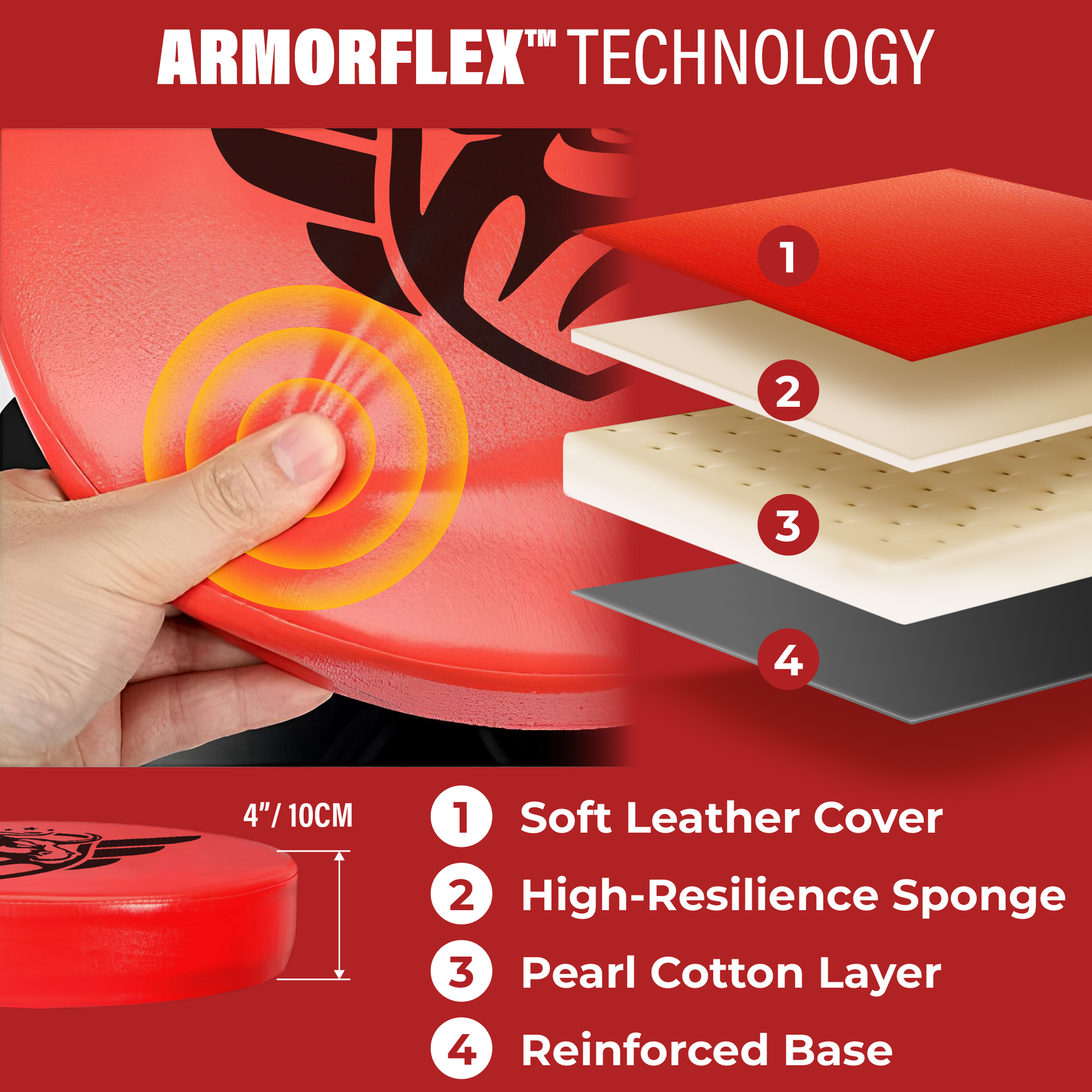 Red ping pong paddle with Armorflex technology illustration and layers on a red background