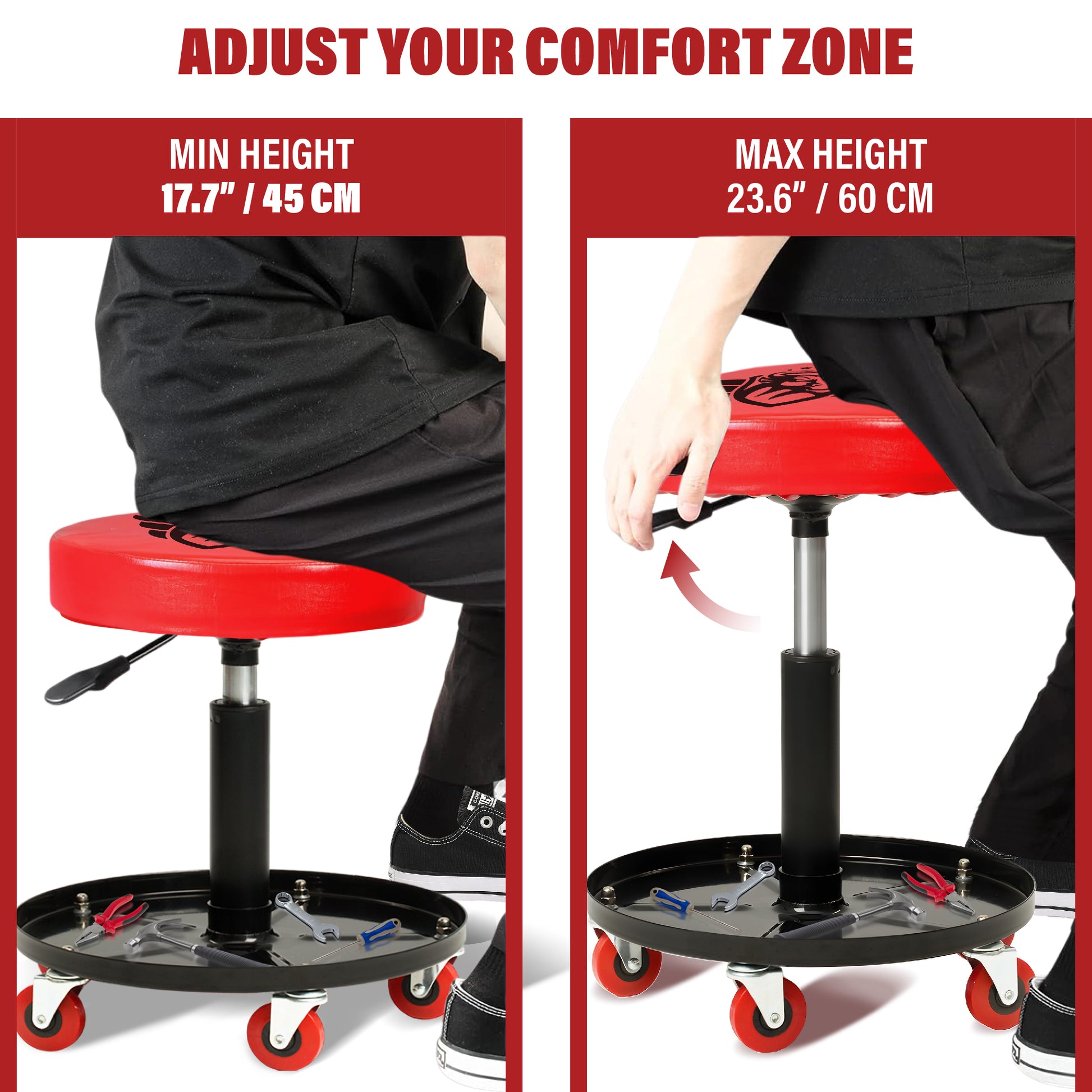 Red adjustable height stool with height measurement labels on a white background