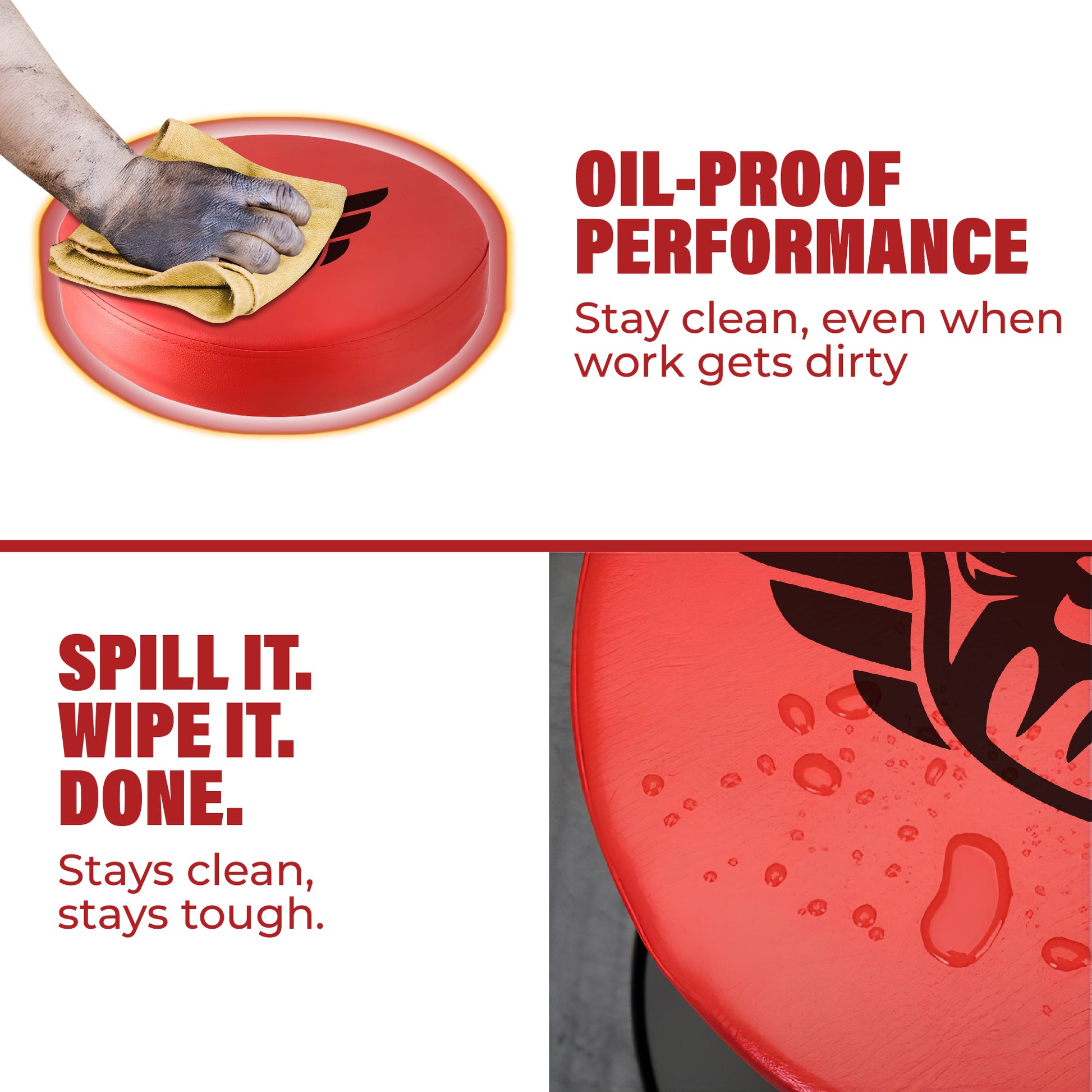 Red cleaning pad with text highlighting oil-proof performance and ease of use.
