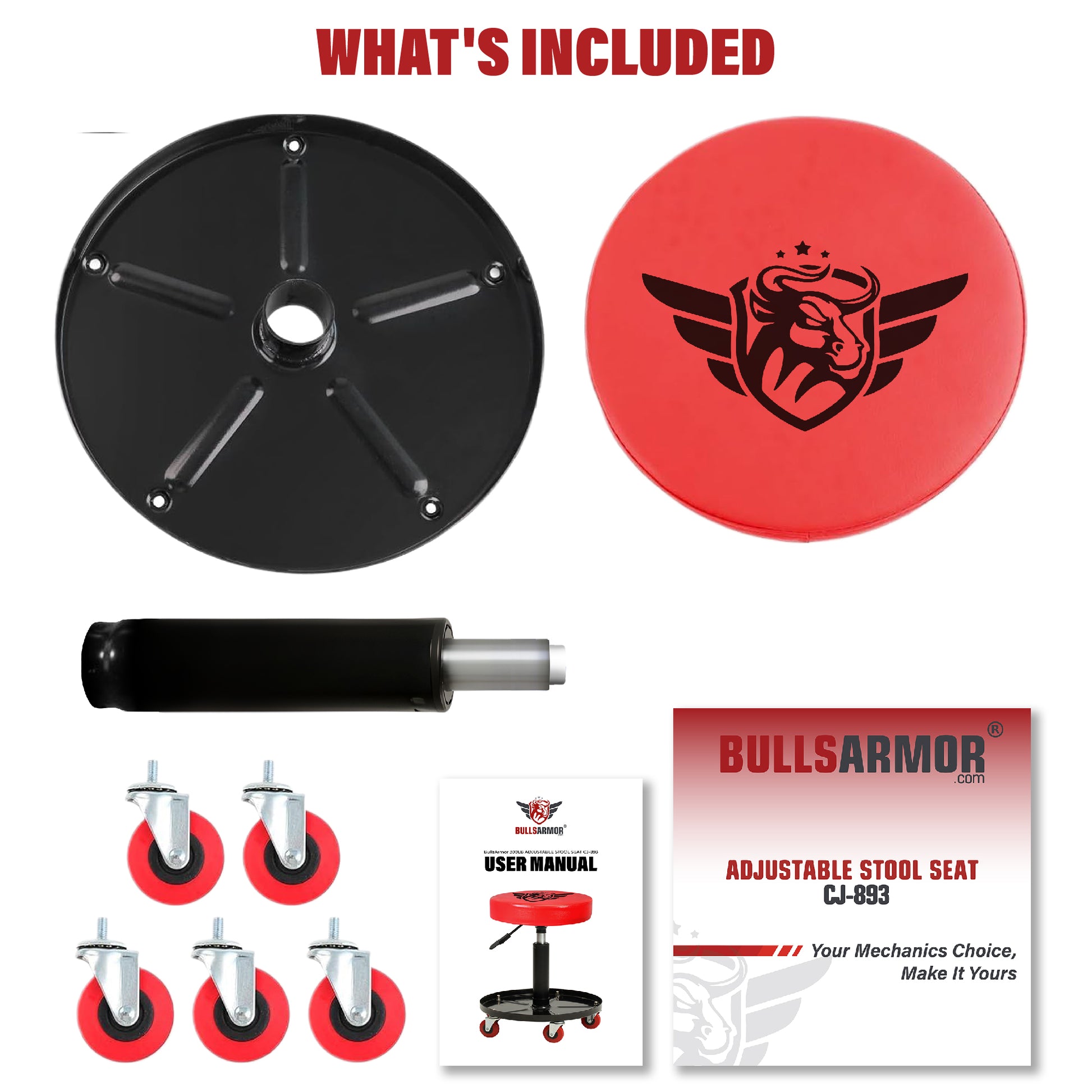 Collection of adjustable stool components and accessories with Bulls Armor branding.