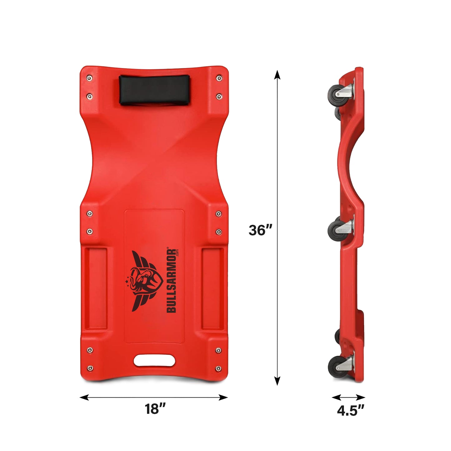 Red protective pad with measurement details on a white background