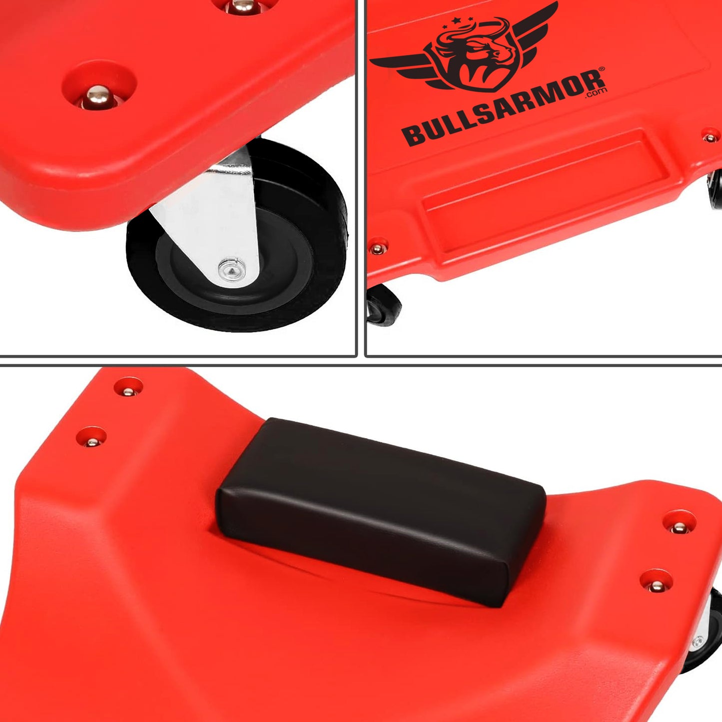 Red vehicle jack with black wheel and Bullsarmor logo on a white background