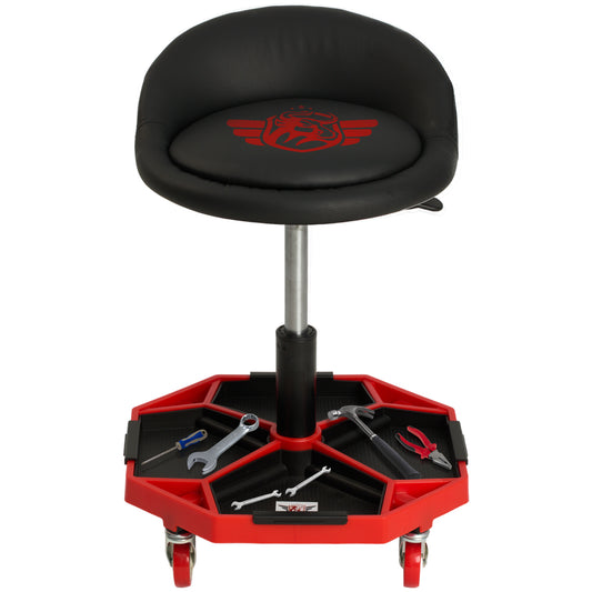 Black and red adjustable stool with tool tray on a white background