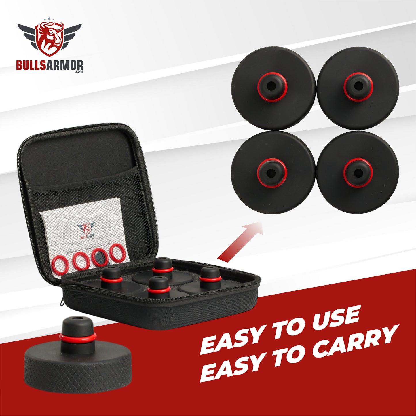 Bulls Armor product set with case and four black and red components on a white and red background.