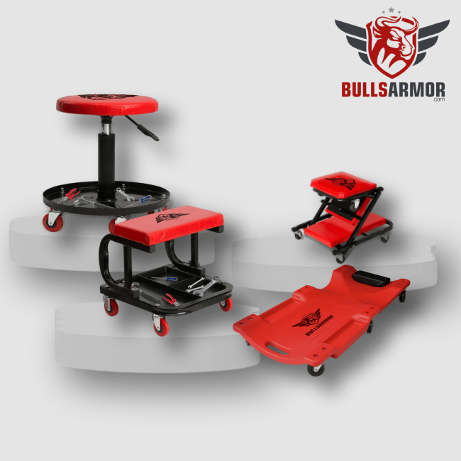 BullsArmor mechanic creepers and rolling seats for comfortable garage work.