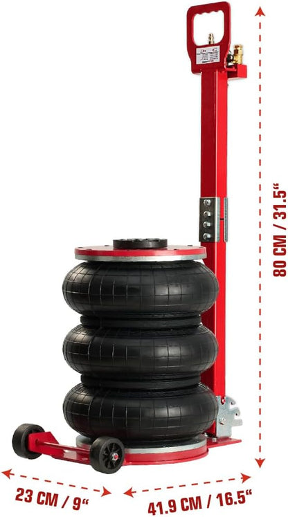 Red tire inflator with air囊s and measurement details on a white background