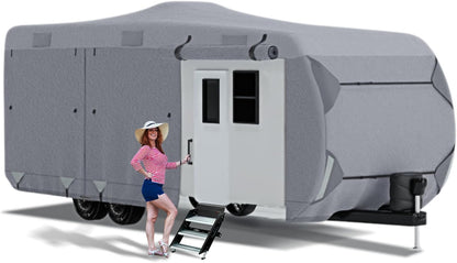 Person standing next to a large gray RV cover on a white background