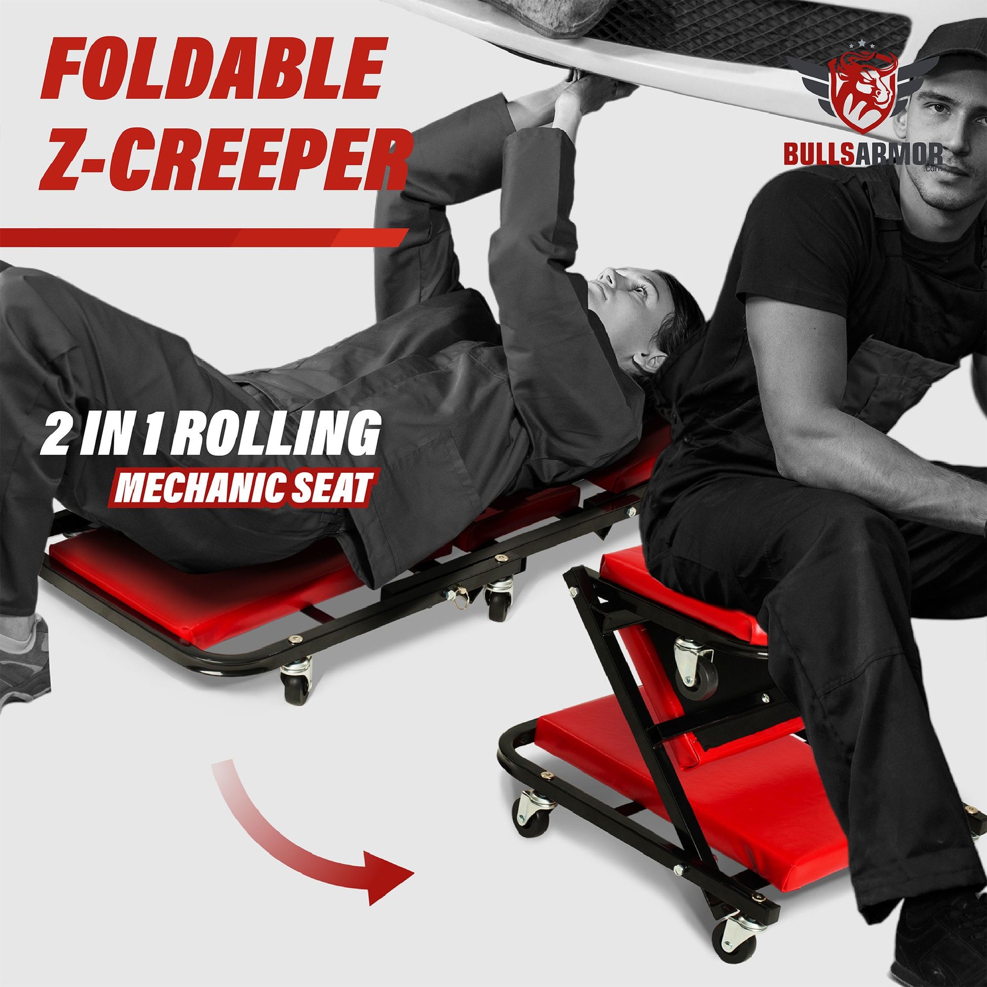A person using a red and black foldable Z-shaped mechanic creeper seat, situated in a garage environment.
