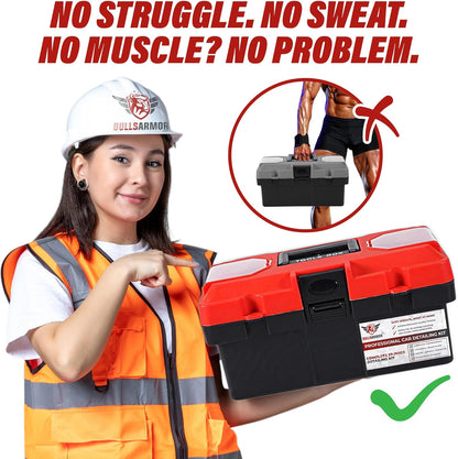 Person in safety gear pointing to a toolbox with promotional text on a white background