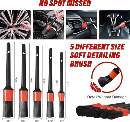 Set of car detailing brushes with measurements and text about their use.