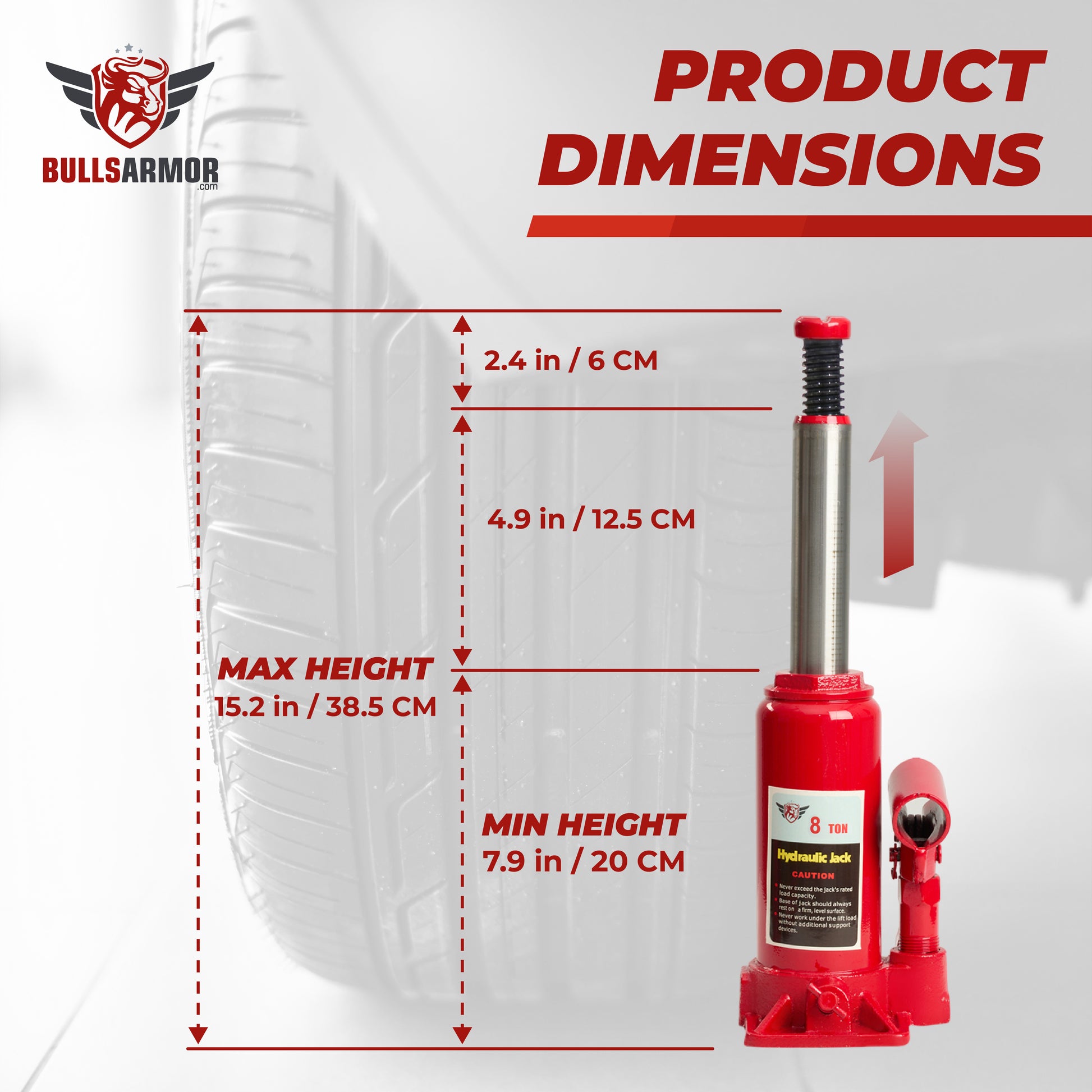 Red hydraulic jack with dimensions displayed against a white background, featuring the BullsArmor brand.