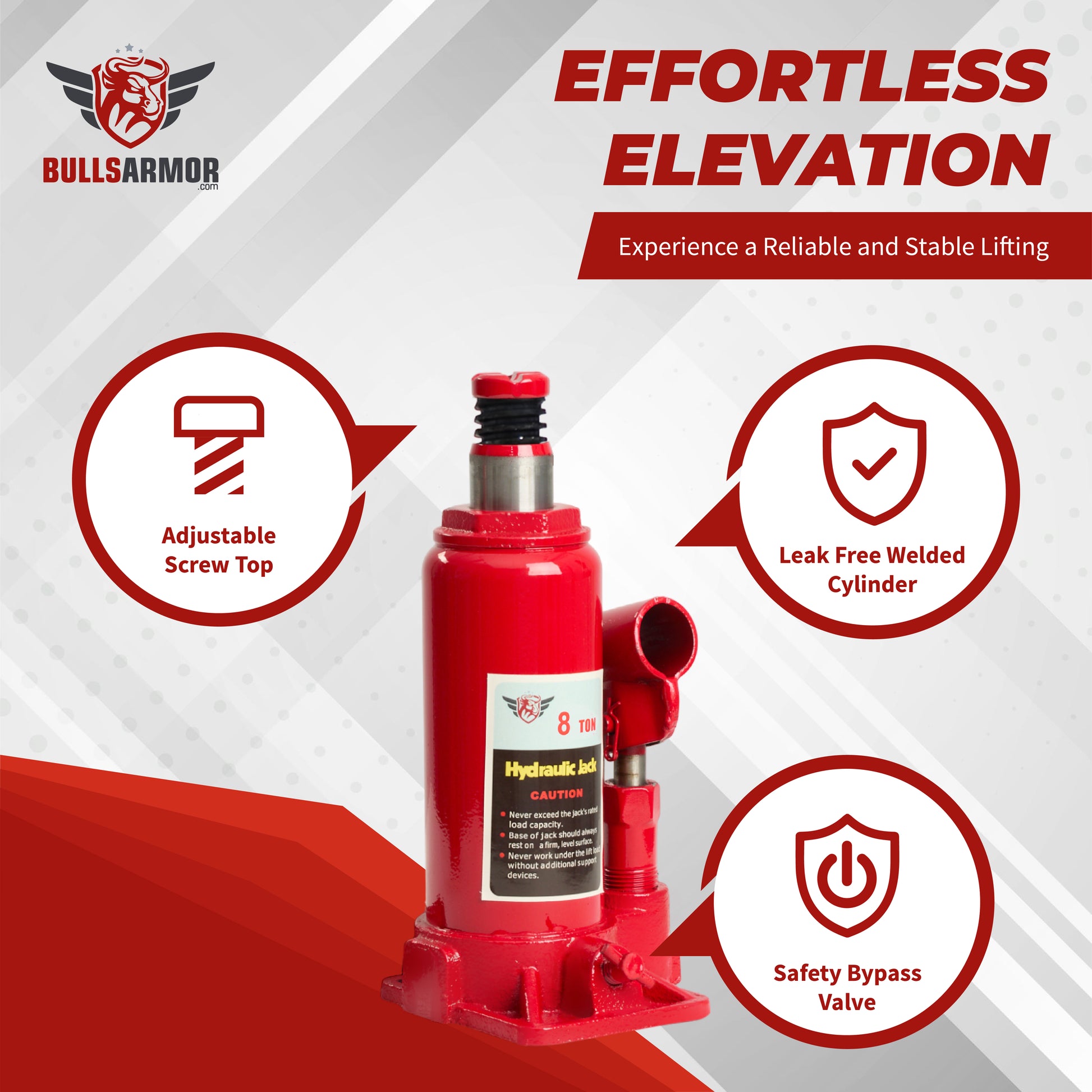 Red hydraulic jack with features highlighted on a white and red background, featuring the Bulls Armor brand.