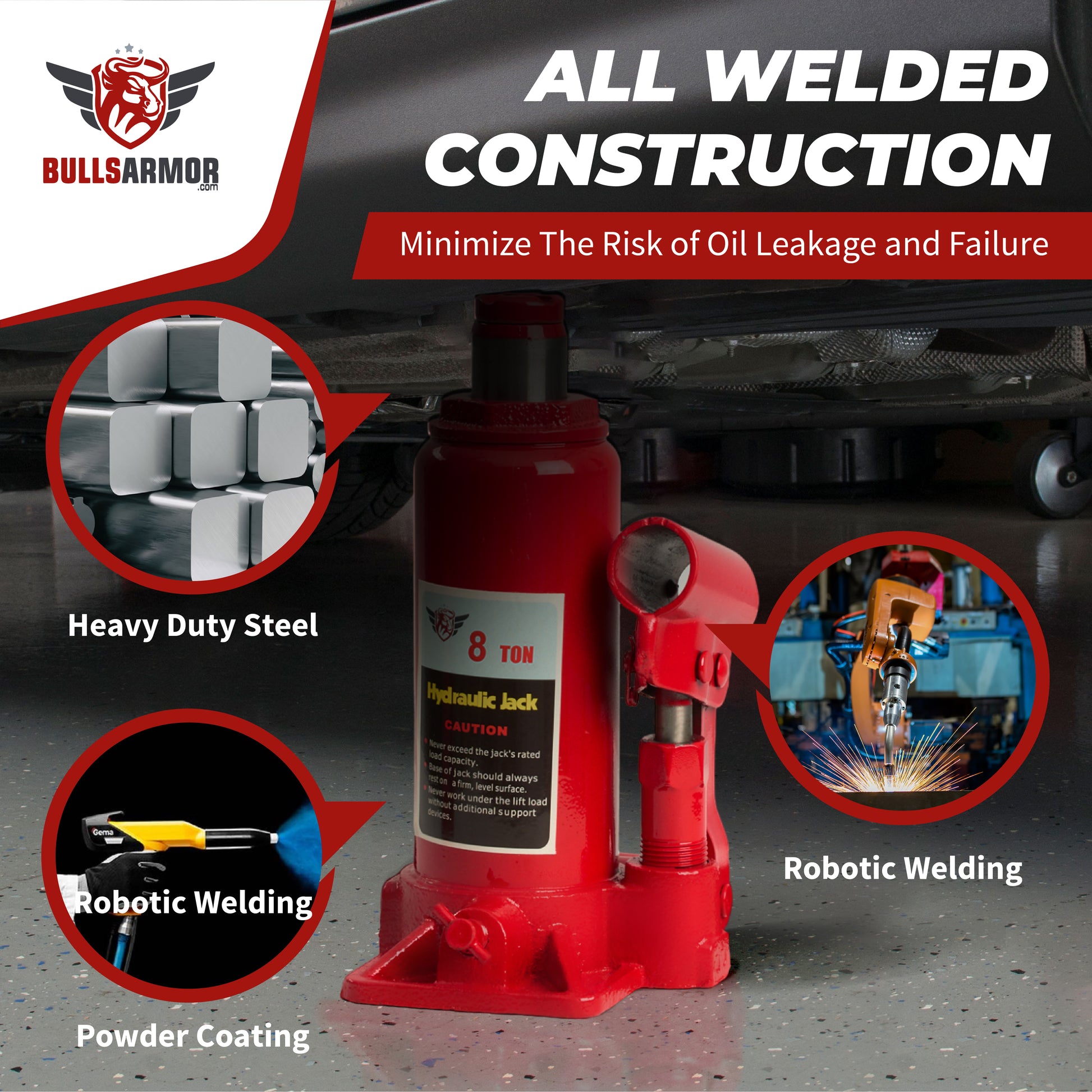 Red hydraulic jack with Bulls Armor branding, highlighting features like heavy-duty steel, robotic welding, and powder coating.
