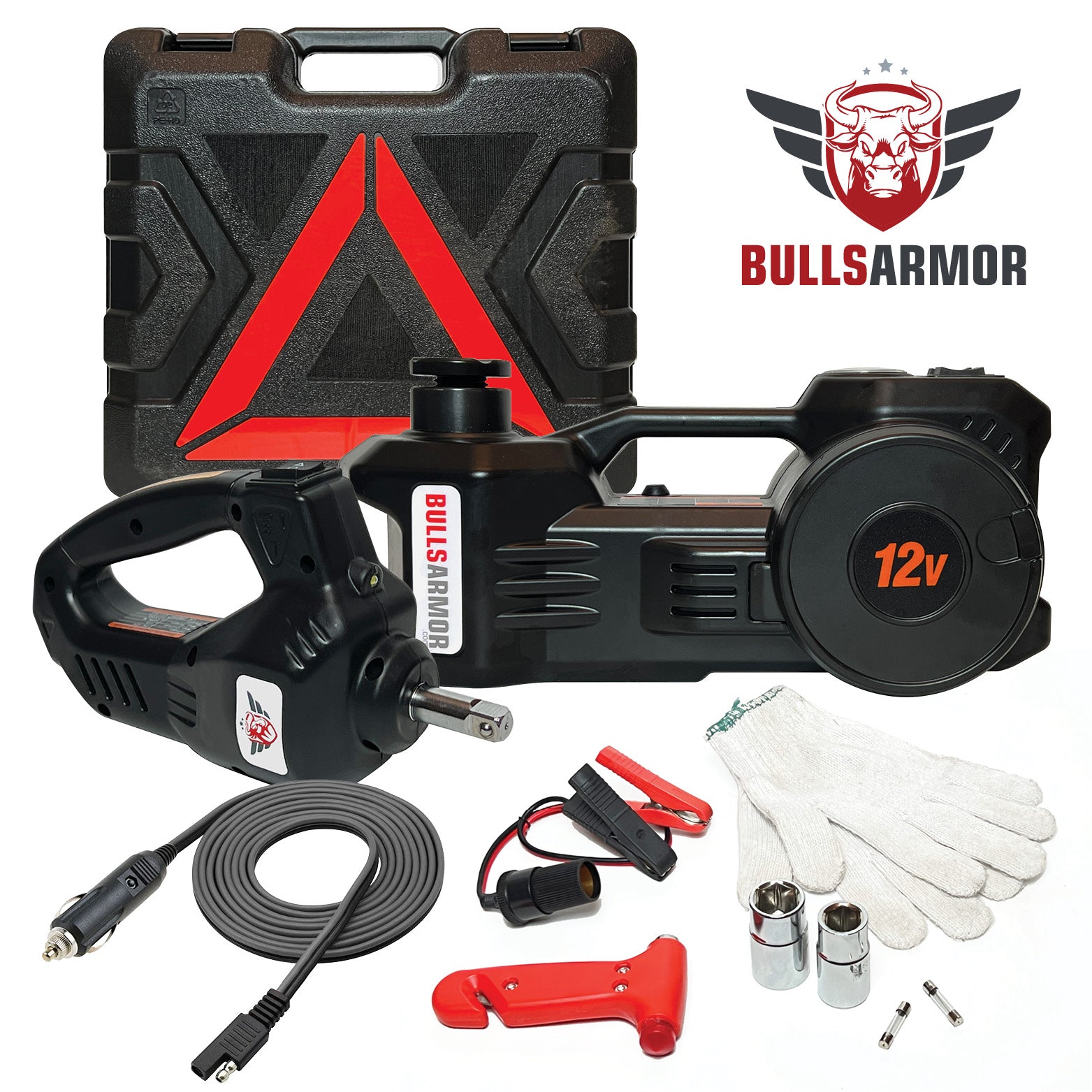 Bulls Armor power tool set with case, gun, and accessories on a white background