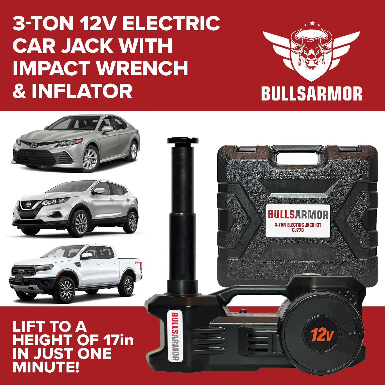 Bulls Armor 3-ton 12V electric car jack with impact wrench and inflator on a red background.