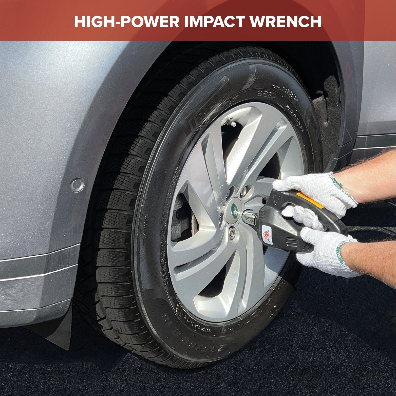 High-power impact wrench being used on a car tire with a red banner at the top.