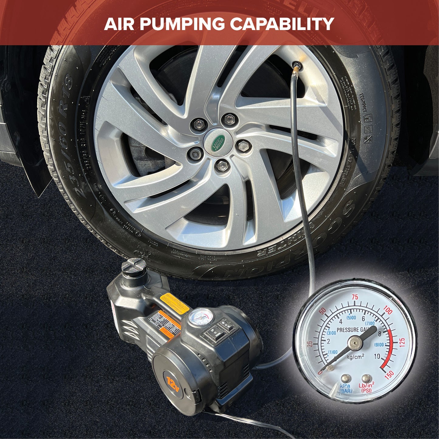 Tire inflator with pressure gauge attached to a car tire, emphasizing air pumping capability.