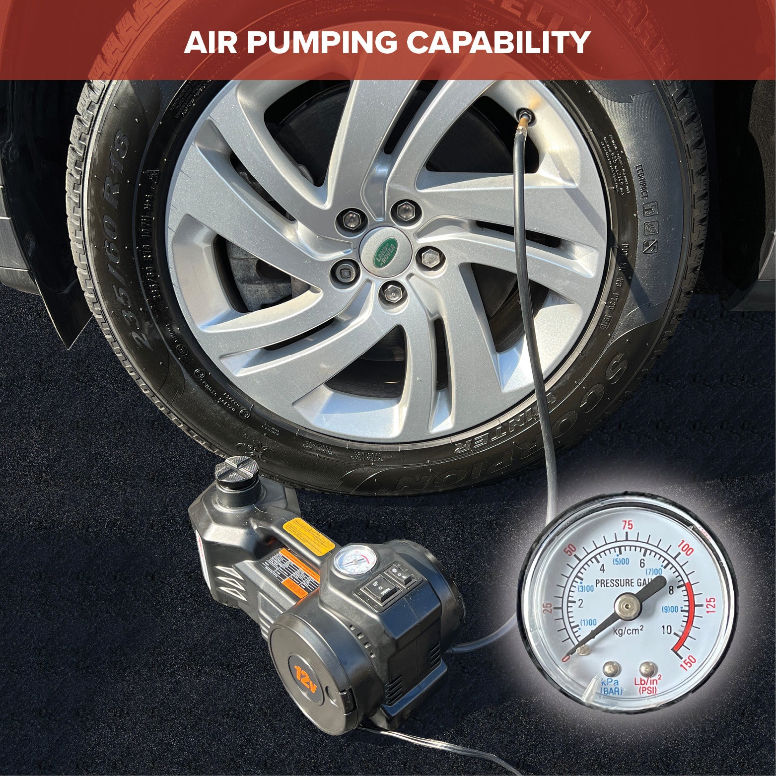Tire inflator with pressure gauge attached to a car tire, emphasizing air pumping capability.