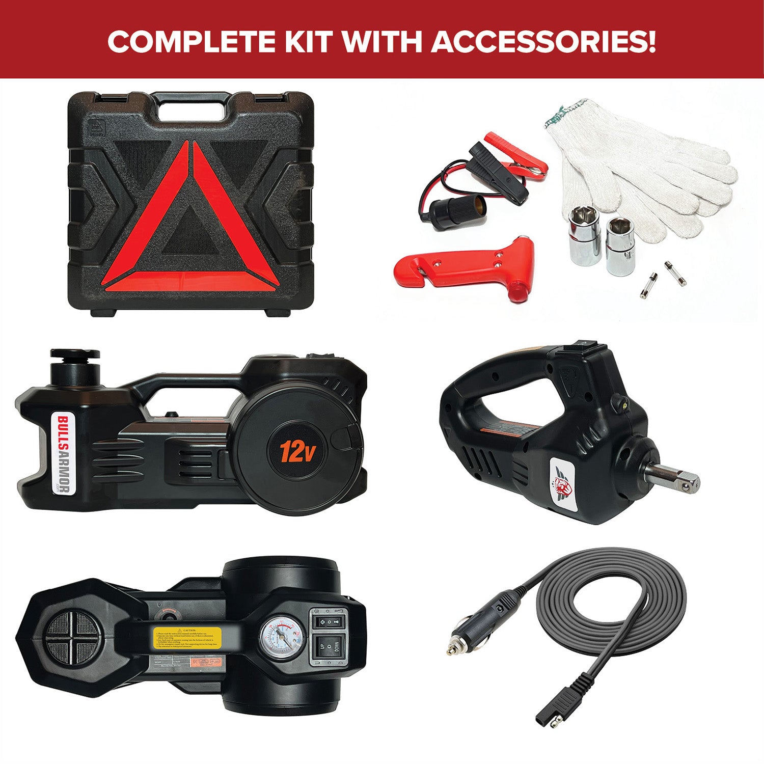 Automotive repair kit with tools, case, and accessories on a white background
