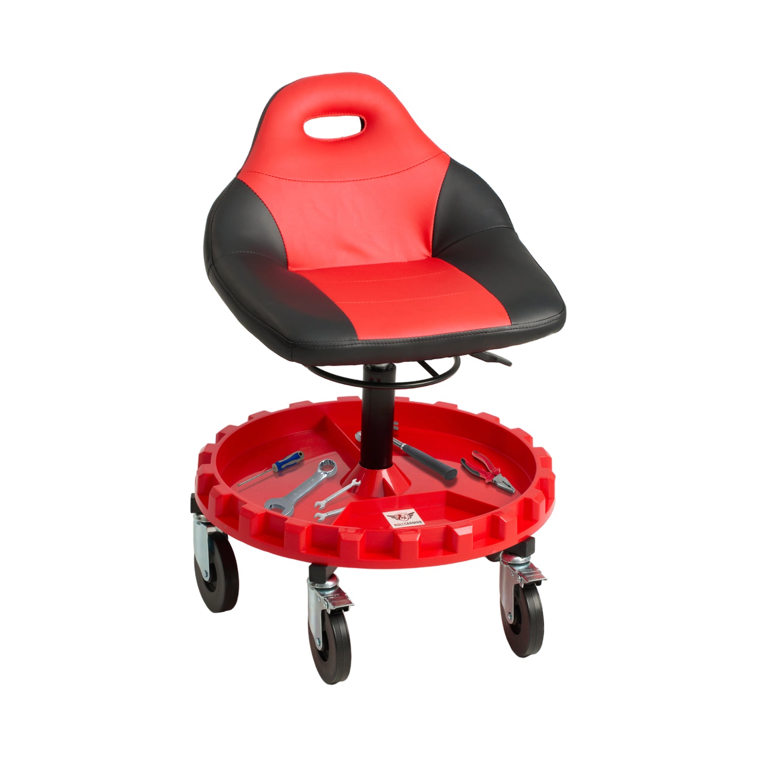 Red and black adjustable height stool with tool tray on a white background