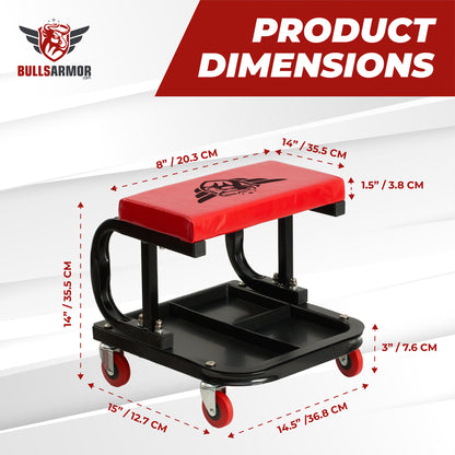 Product dimensions of a red and black step stool with Bulls Armor branding.