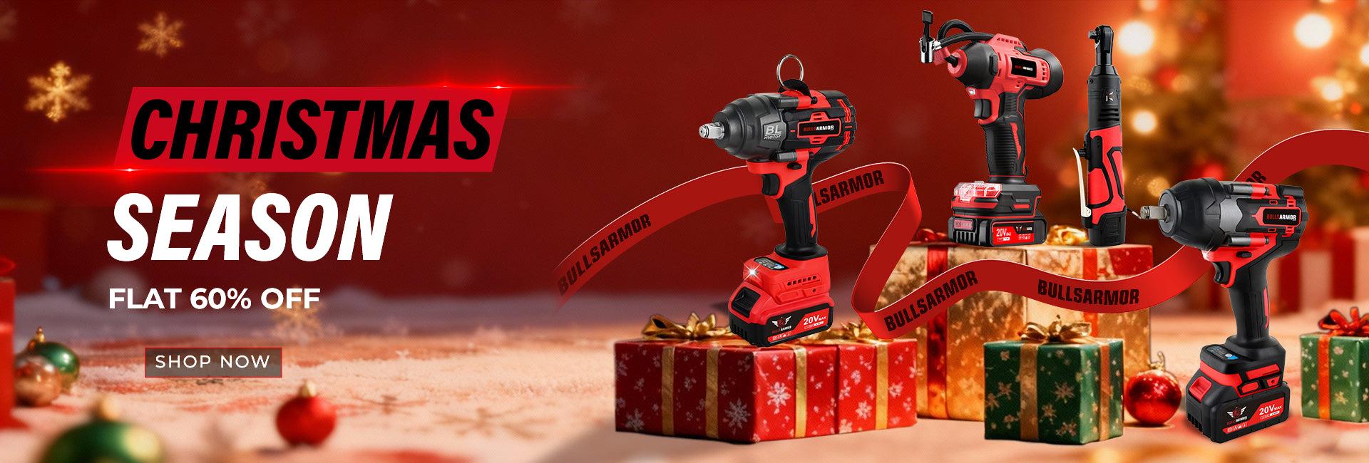 Promotional banner for Christmas season with power tools and gift boxes on a festive background.