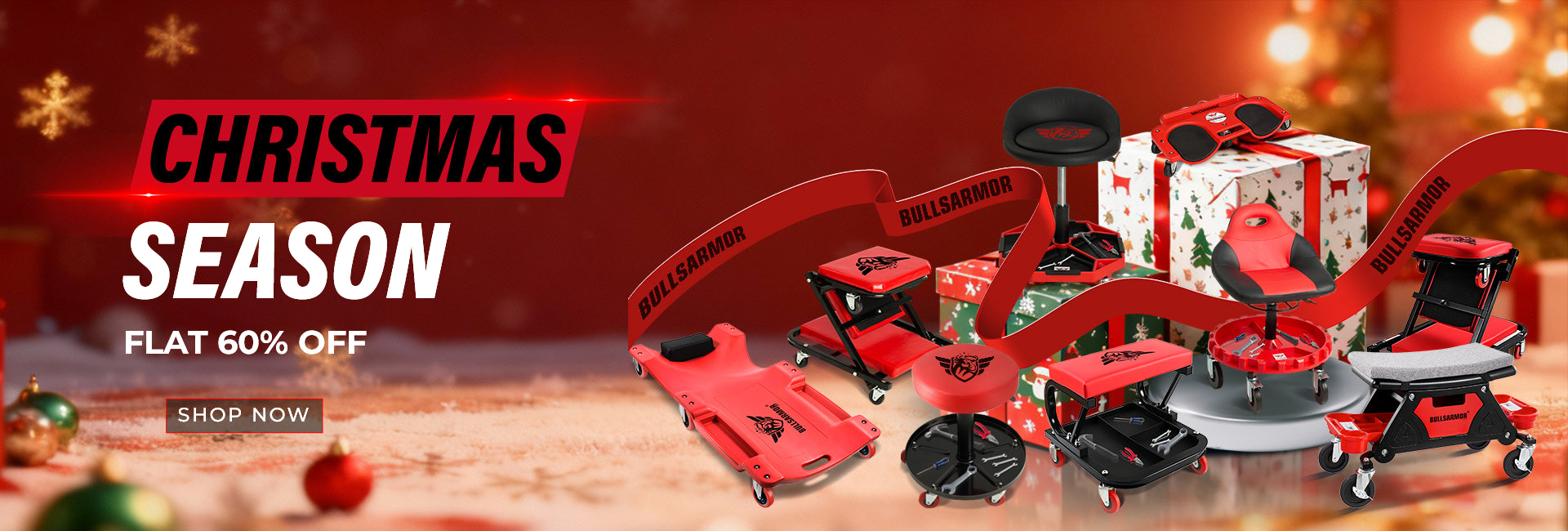 Red toy lawn mower set with Christmas decorations and promotional text on a festive background.