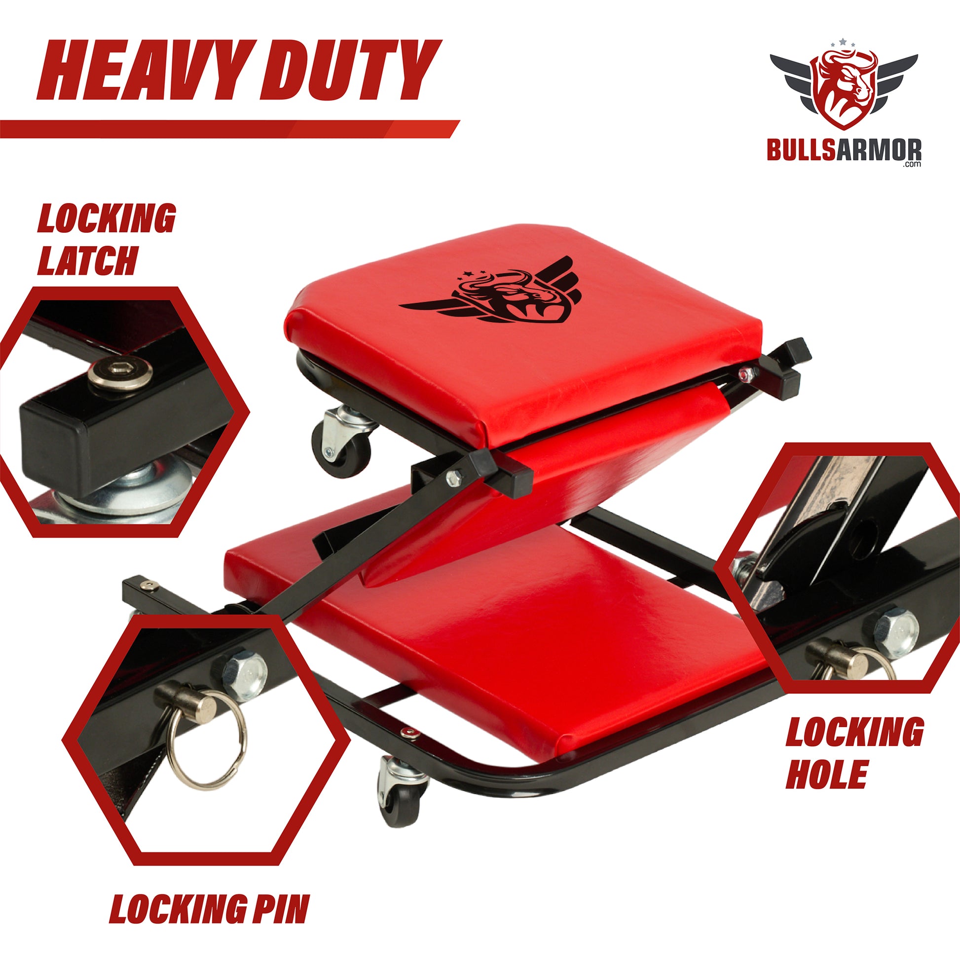 Red hydraulic car lift with locking mechanisms on a white background, featuring Bulls Armor logo.