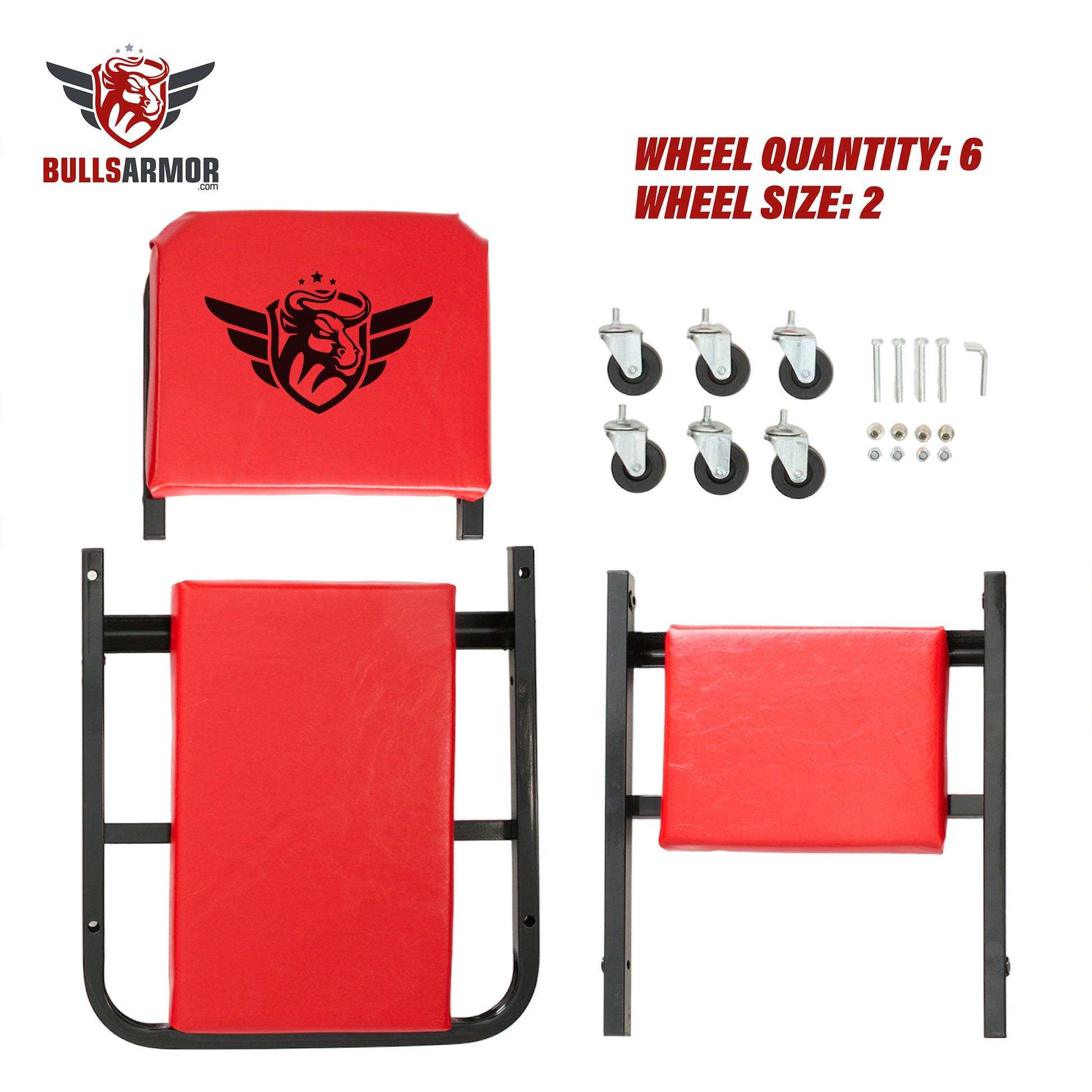 Red bull-themed product with wheels and assembly parts on a white background, featuring BullsArmor branding.