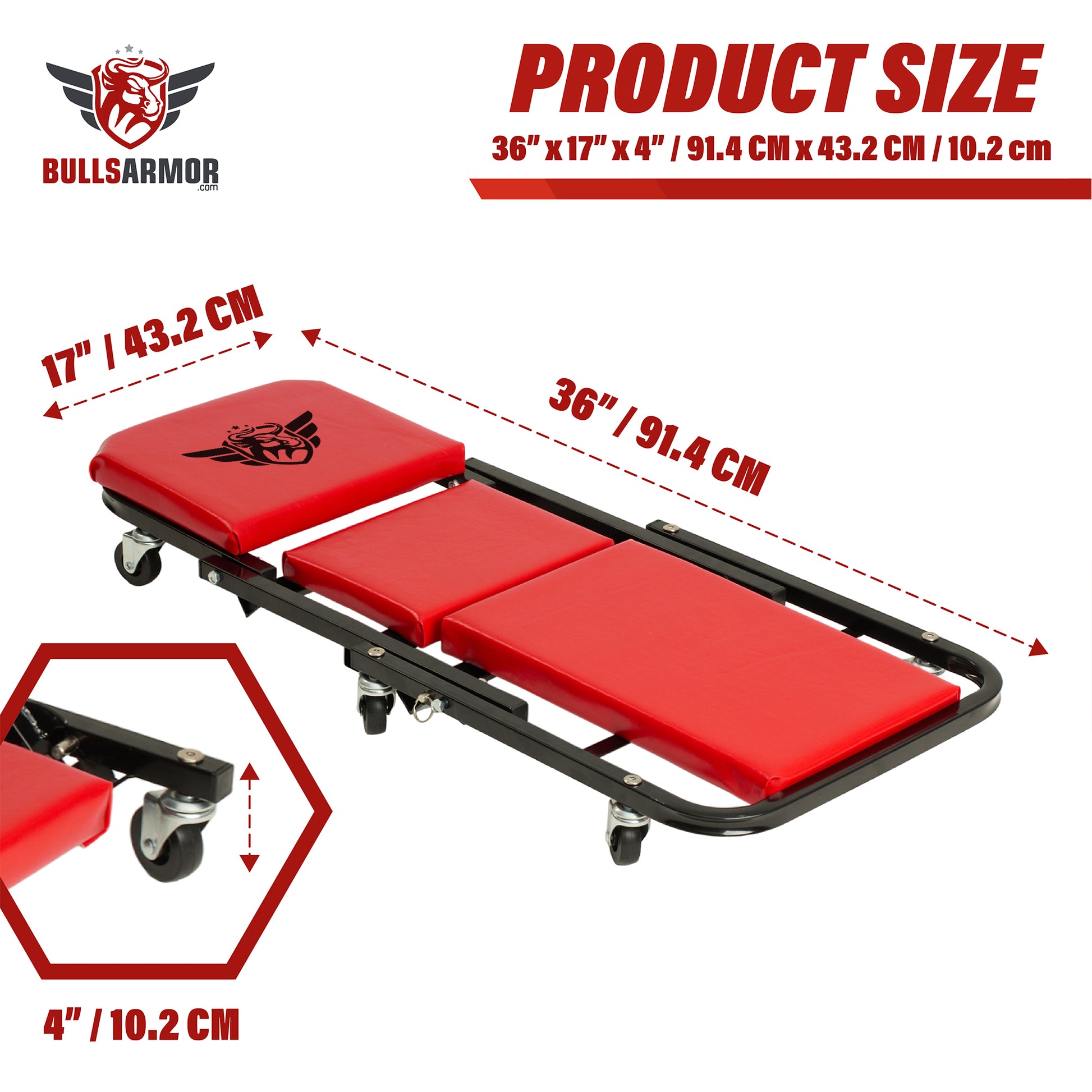 Red hydraulic car lift with dimensions labeled, featuring Bulls Armor logo.