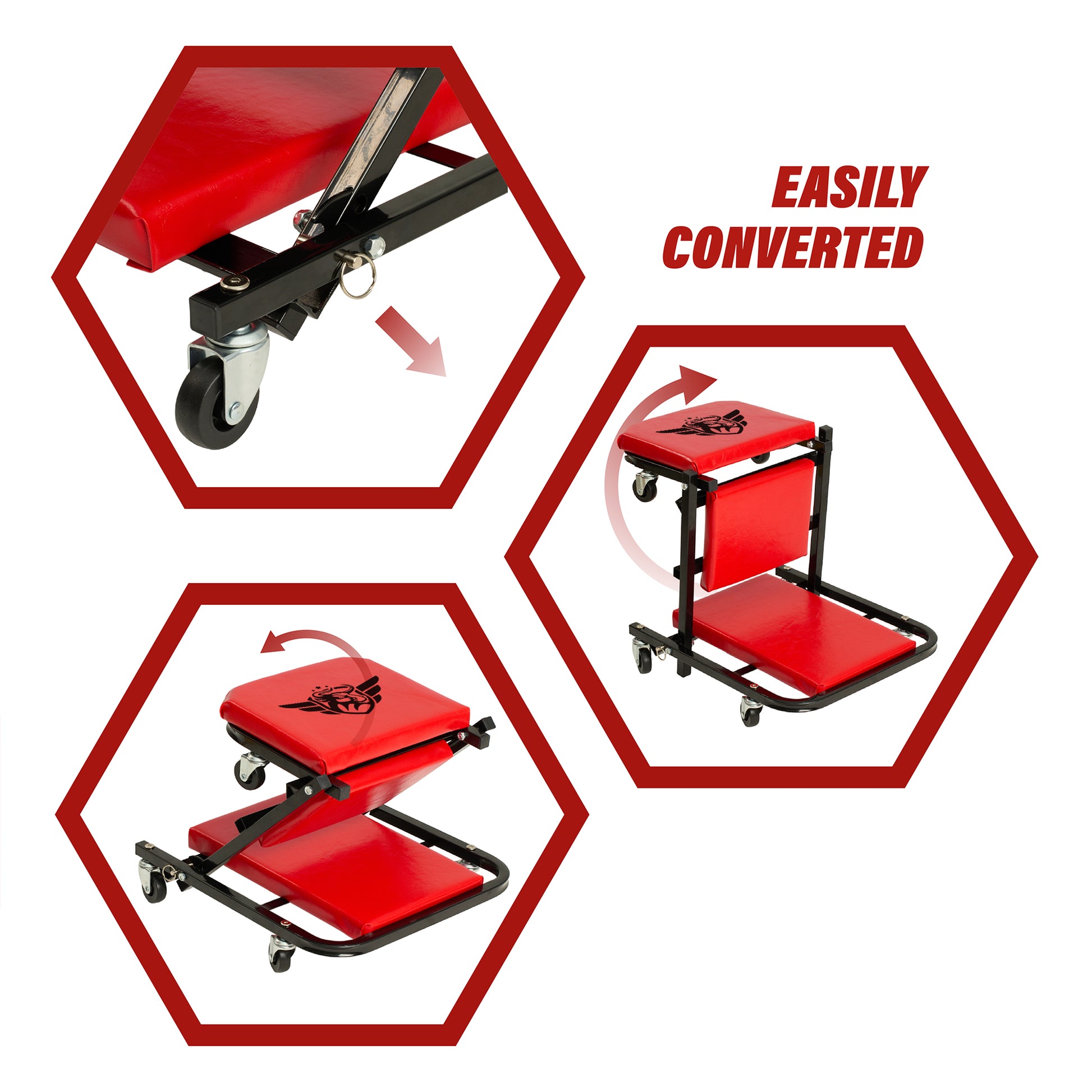 Red vehicle lift with conversion features on a white background