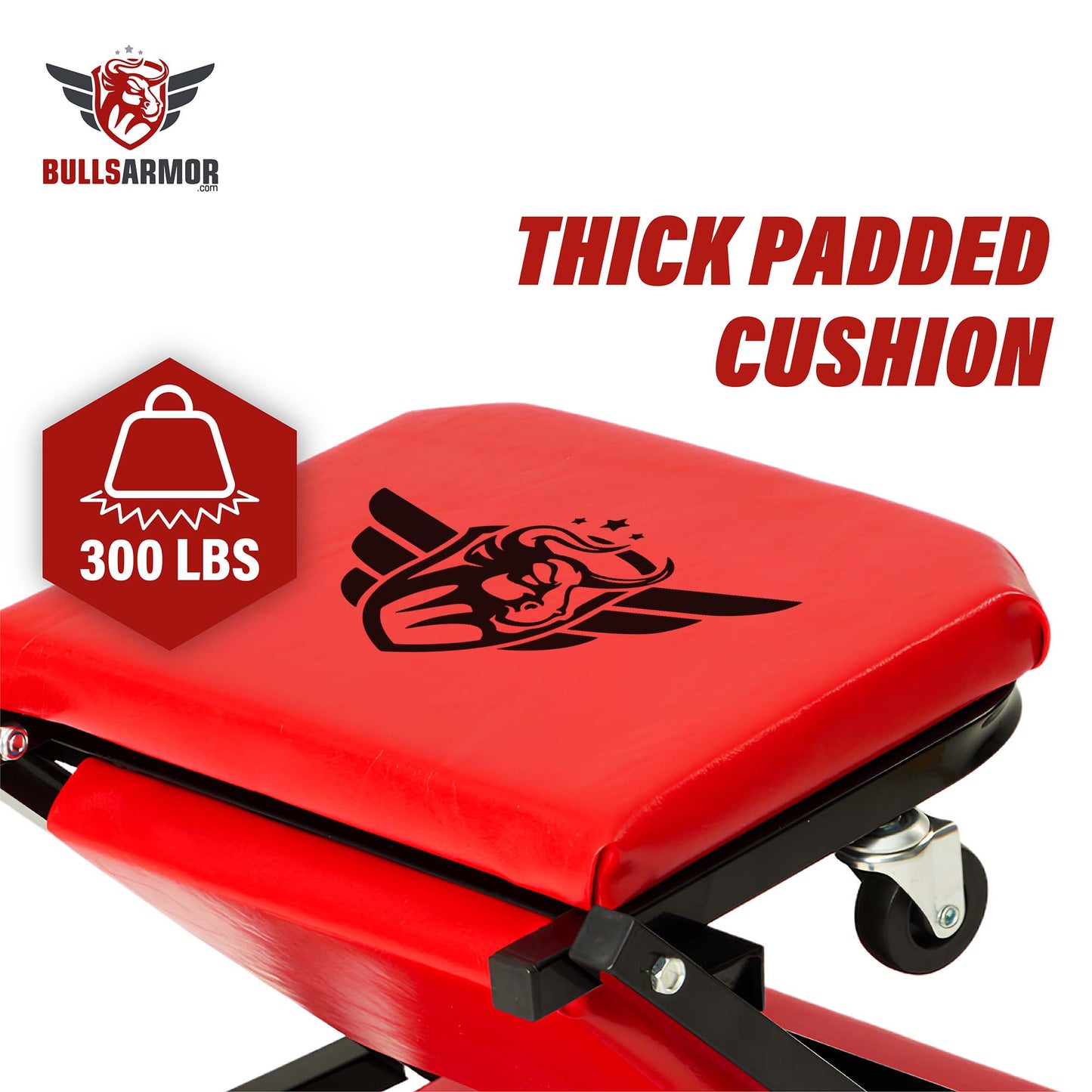 Red thick padded cushion with BULLS ARMOR branding and weight capacity indicator on a white background.