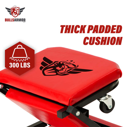 Red thick padded cushion with BULLS ARMOR branding and weight capacity indicator on a white background.