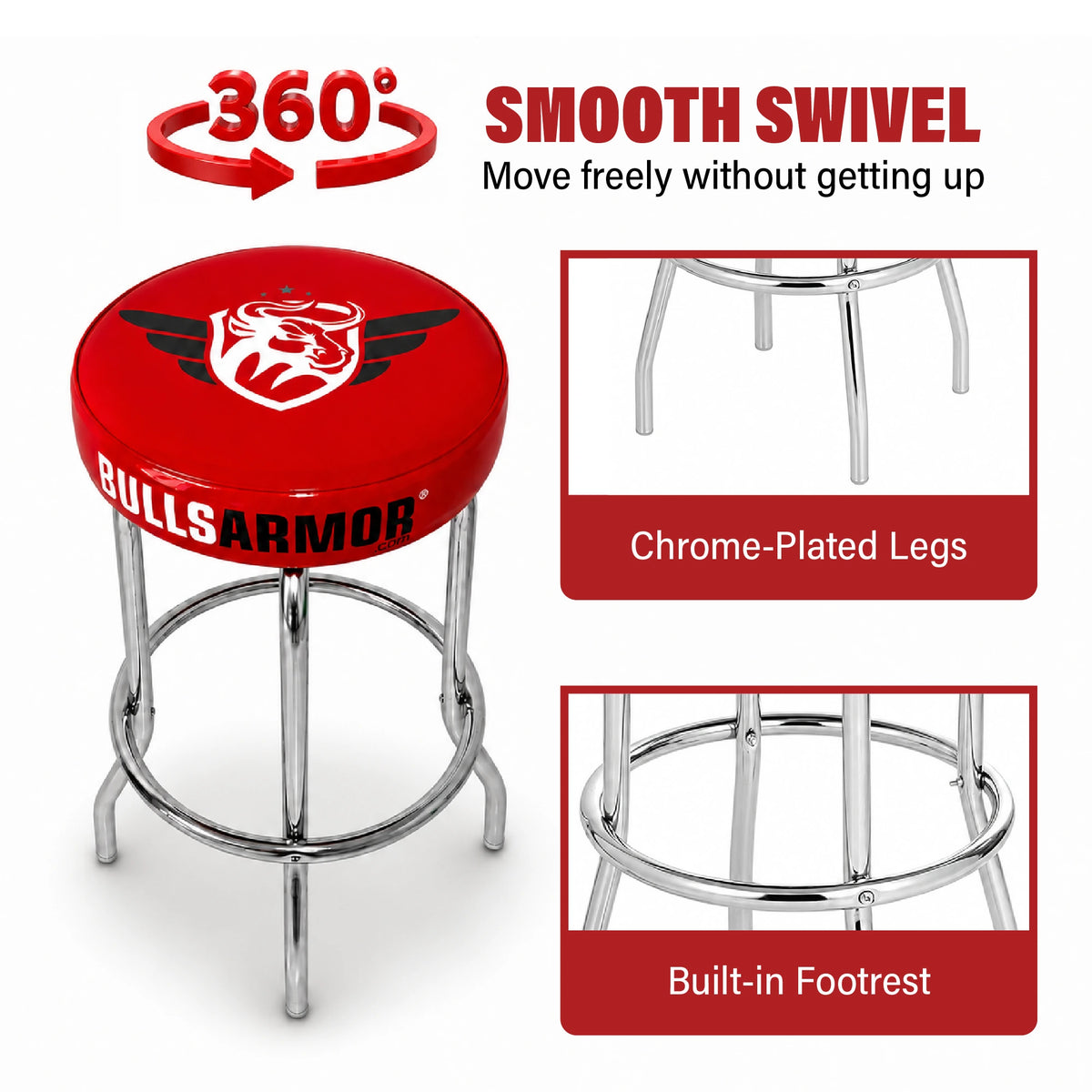 360° Swivel Bar Stool with ArmorFlex Cushion  Heavy-Duty Chrome Frame, Glossy Red