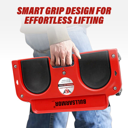 Red lifting aid with 'BullSarmor' branding and text about smart grip design on a white background.