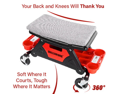 Portable stool with cushioned seat and wheels, featuring brand name, text about comfort and mobility on a white background.