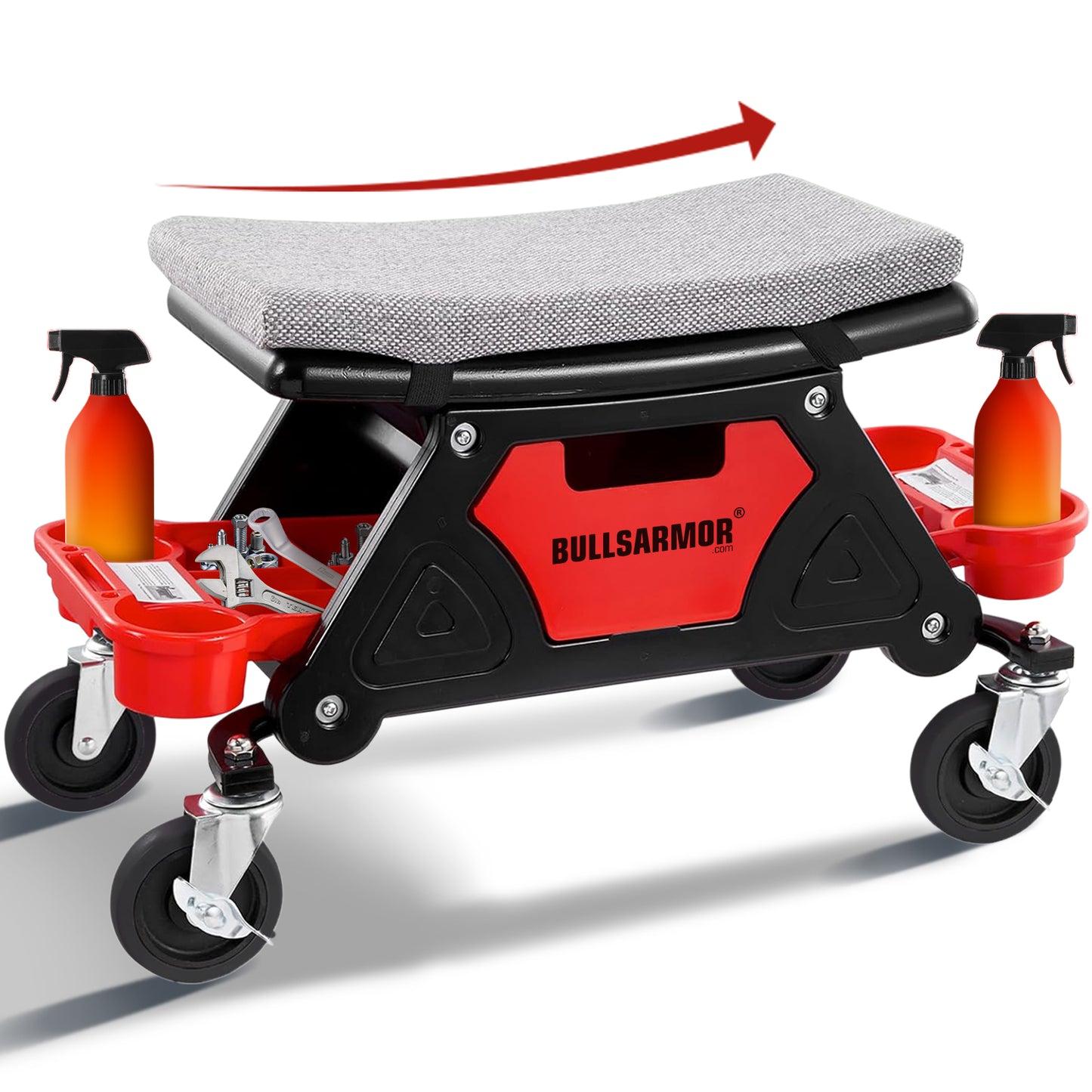 Bulls Armor mechanical stool with gray cushion and red storage compartments on a white background