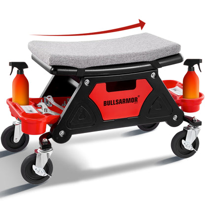 Bulls Armor mechanical stool with gray cushion and red storage compartments on a white background