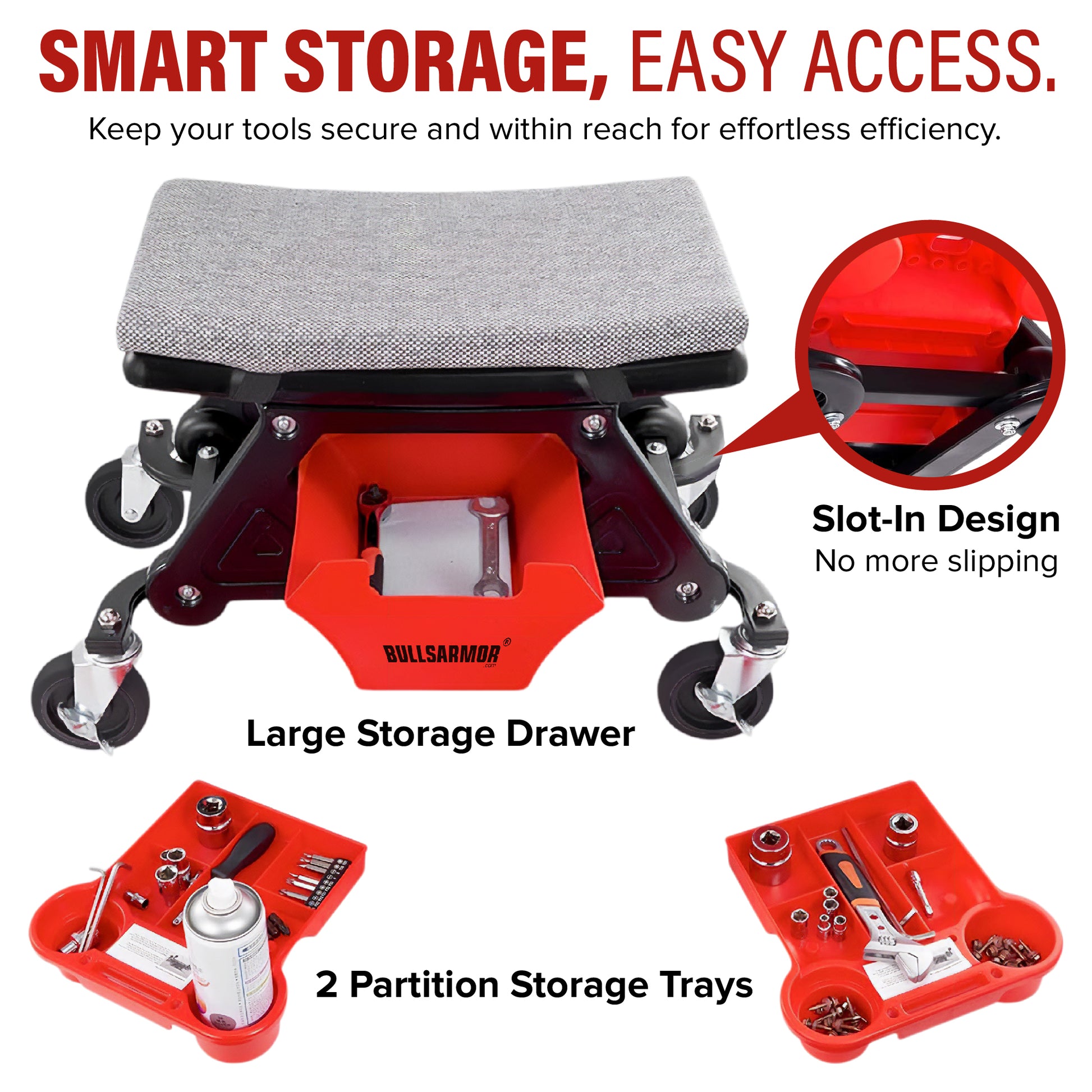 Tool storage stool with large storage drawer, partition trays, and slot-in design feature.
