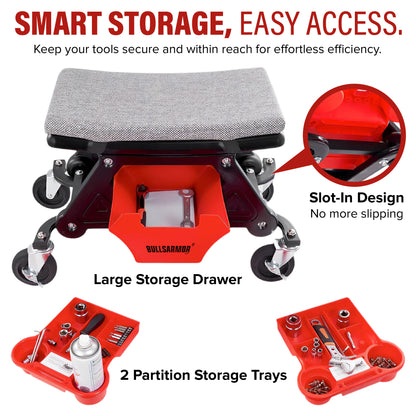 Tool storage stool with large storage drawer, partition trays, and slot-in design feature.