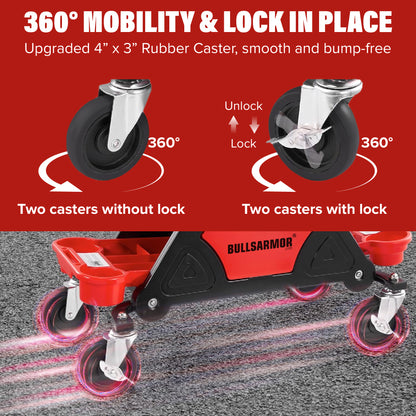 Bullsh Armor mobility device with 360-degree caster wheels on a red background