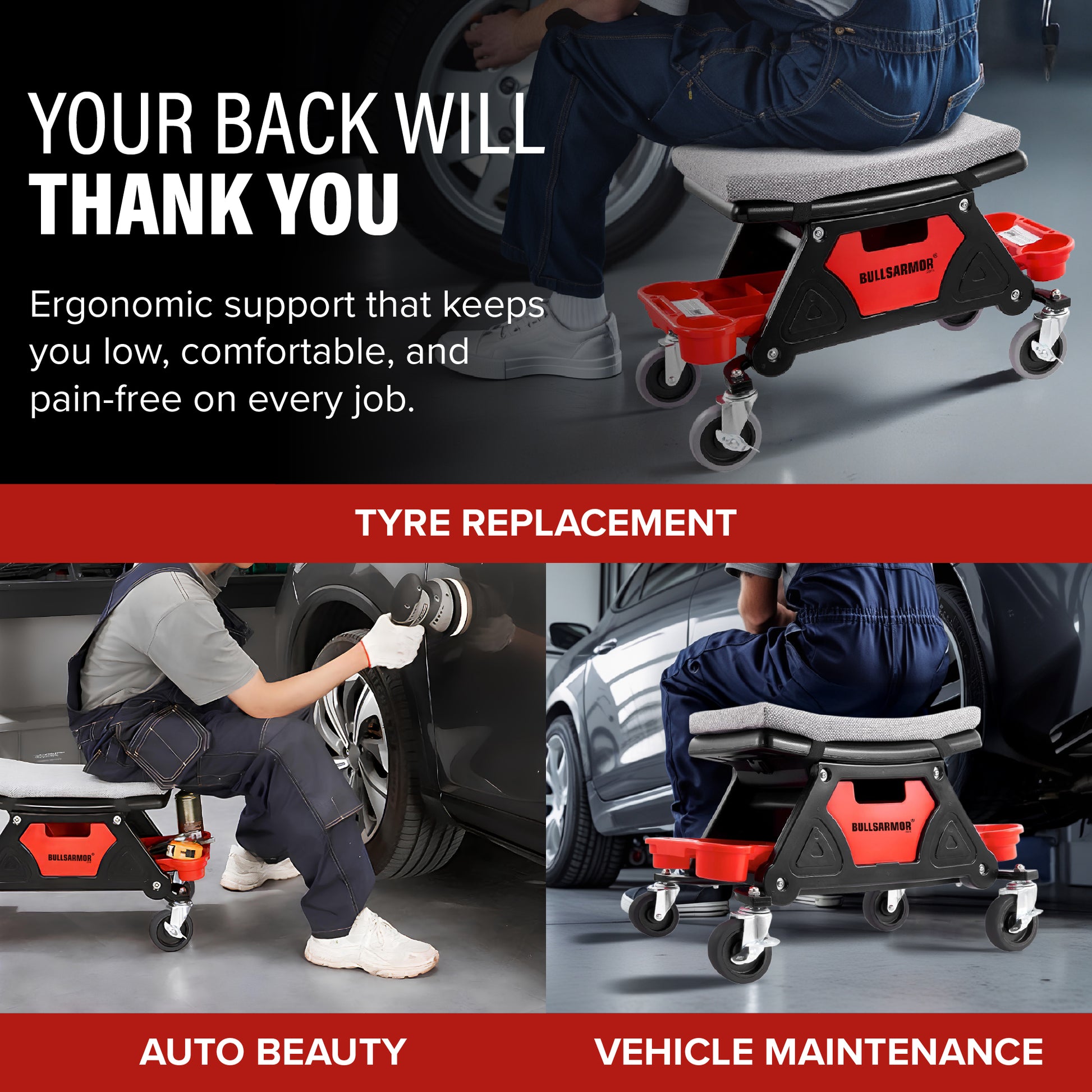 Ergonomic kneeling chair with text highlighting its benefits for tire replacement, auto beauty, and vehicle maintenance.