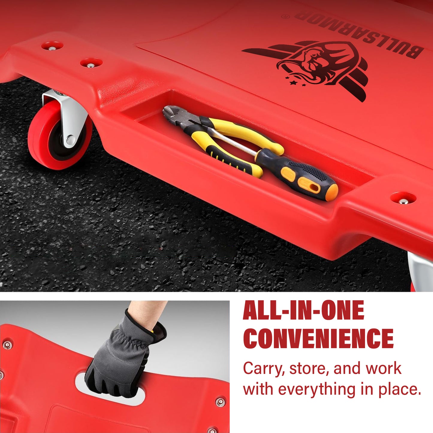 Red tool tray with tools inside, featuring a brand logo, on a black surface.