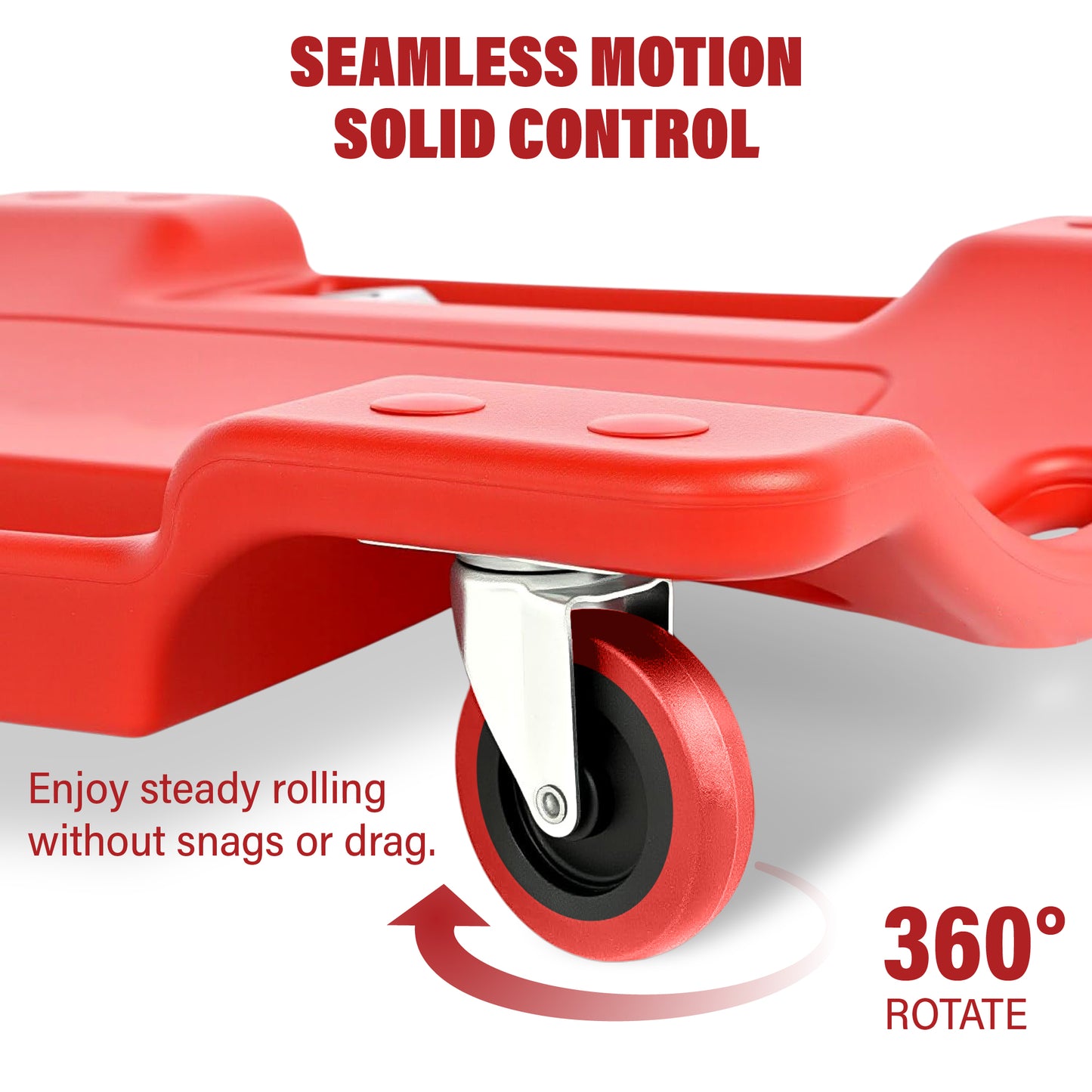 Red scooter with a wheel and text highlighting 'Seamless motion, solid control', '360° rotate', and 'steady rolling' on a white background.
